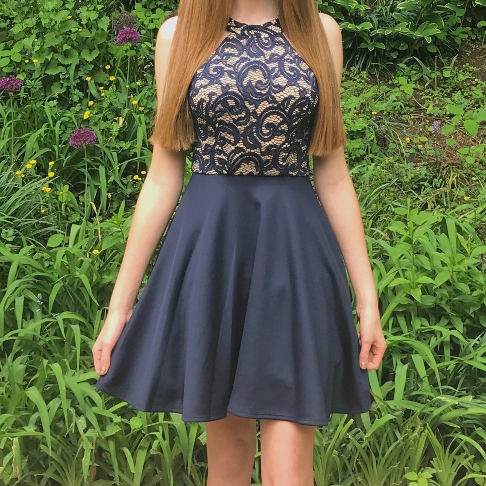 B Darlin Juniors' Strappy Lace Halter Fit & Flare